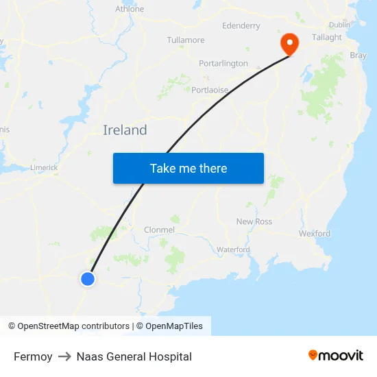 Fermoy to Naas General Hospital map