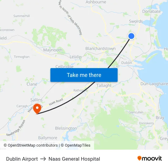 Dublin Airport to Naas General Hospital map