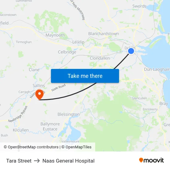 Tara Street to Naas General Hospital map