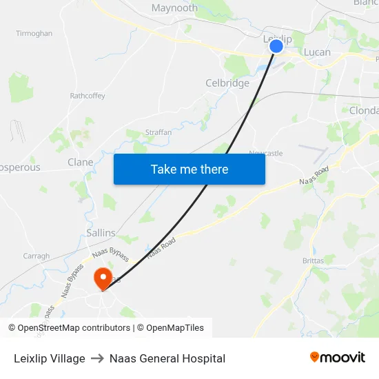 Leixlip Village to Naas General Hospital map