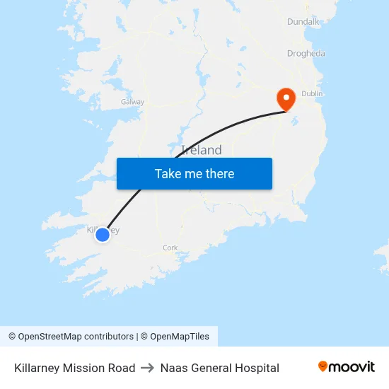 Killarney Mission Road to Naas General Hospital map