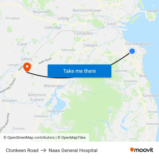 Clonkeen Road to Naas General Hospital map