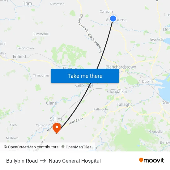 Ballybin Road to Naas General Hospital map