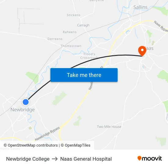 Newbridge College to Naas General Hospital map