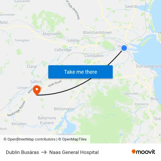 Dublin Busáras to Naas General Hospital map