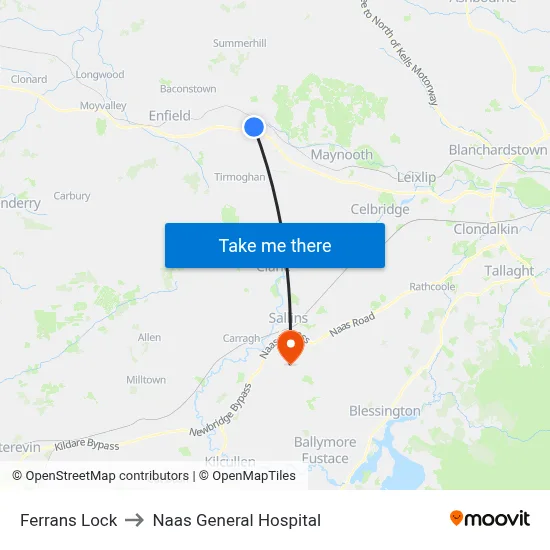 Ferrans Lock to Naas General Hospital map