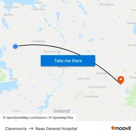 Claremorris to Naas General Hospital map