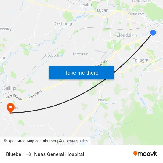 Bluebell to Naas General Hospital map