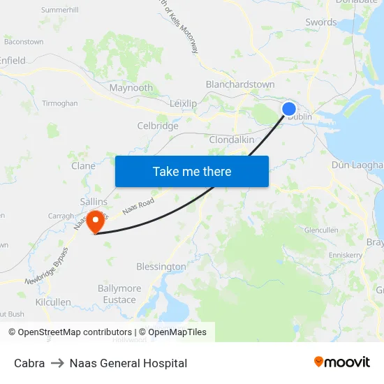Cabra to Naas General Hospital map