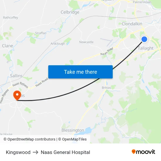 Kingswood to Naas General Hospital map