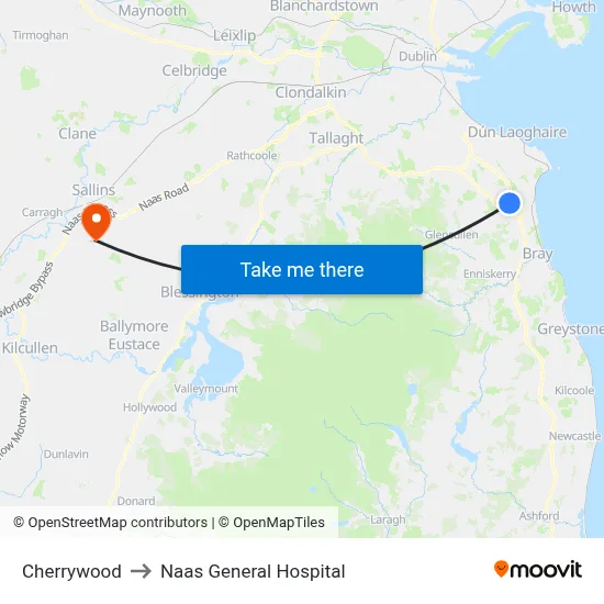 Cherrywood to Naas General Hospital map