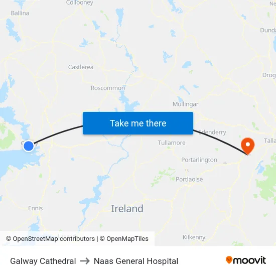 Galway Cathedral to Naas General Hospital map
