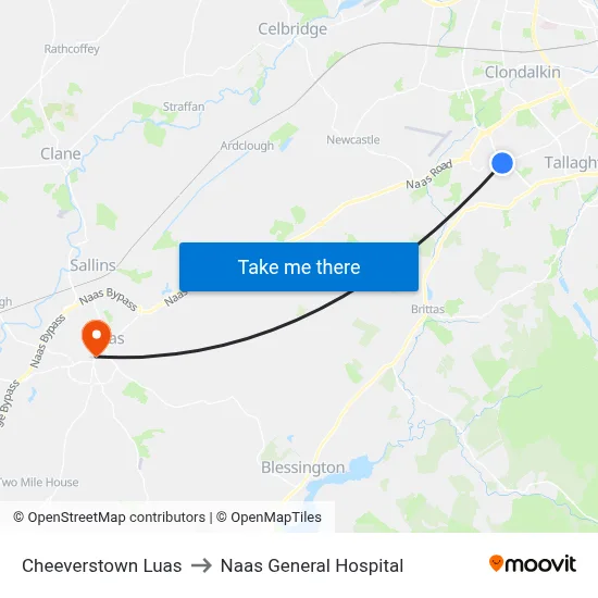 Cheeverstown Luas to Naas General Hospital map