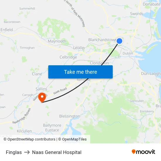 Finglas to Naas General Hospital map