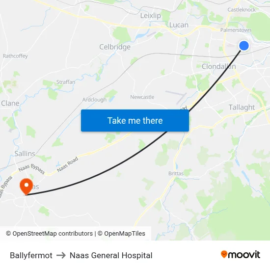 Ballyfermot to Naas General Hospital map