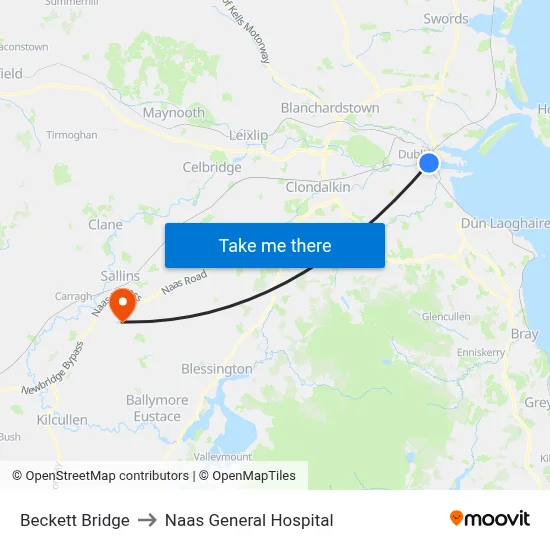 Beckett Bridge to Naas General Hospital map