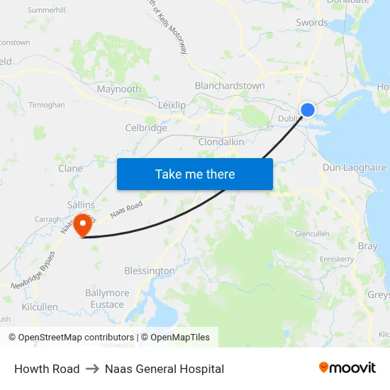 Howth Road to Naas General Hospital map