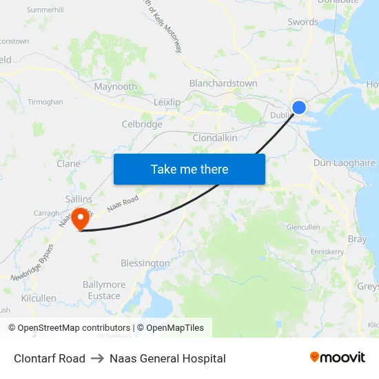 Clontarf Road to Naas General Hospital map