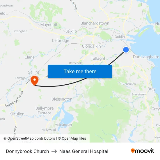 Donnybrook Church to Naas General Hospital map