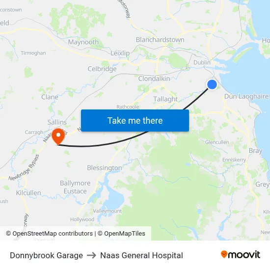 Donnybrook Garage to Naas General Hospital map