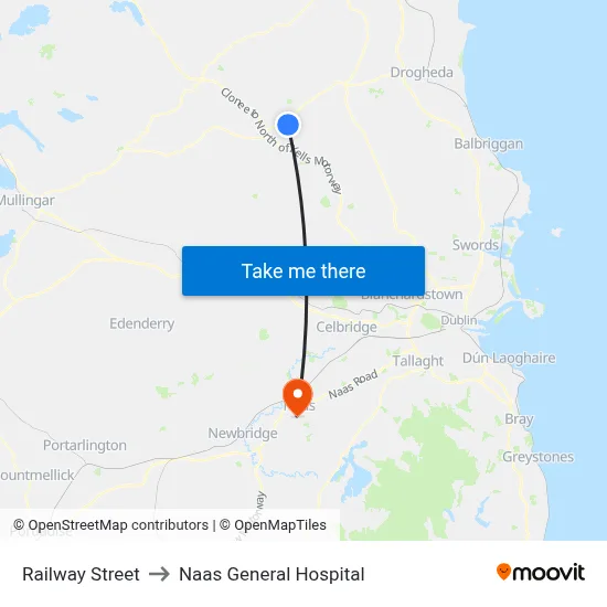 Railway Street to Naas General Hospital map