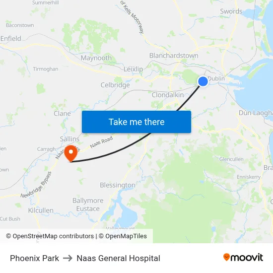 Phoenix Park to Naas General Hospital map
