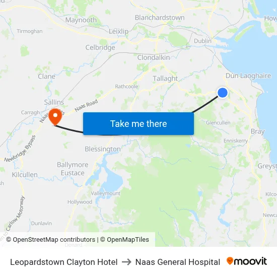 Leopardstown Clayton Hotel to Naas General Hospital map