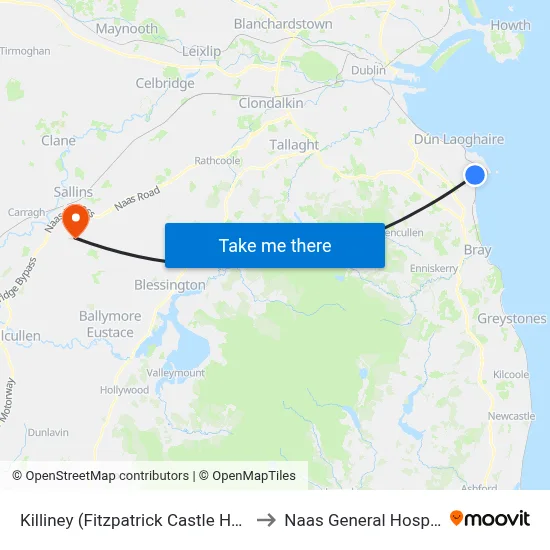 Killiney (Fitzpatrick Castle Hotel) to Naas General Hospital map