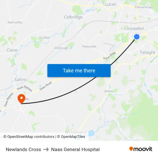 Newlands Cross to Naas General Hospital map