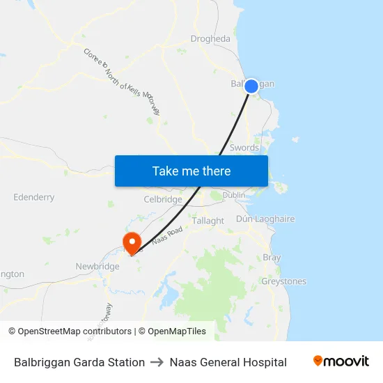 Balbriggan Garda Station to Naas General Hospital map