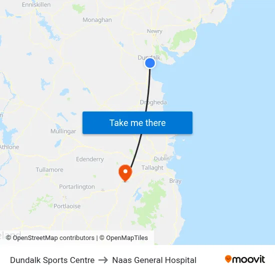Dundalk Sports Centre to Naas General Hospital map