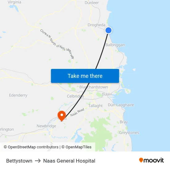 Bettystown to Naas General Hospital map
