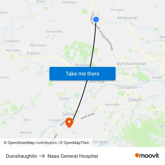 Dunshaughlin to Naas General Hospital map
