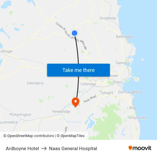 Ardboyne Hotel to Naas General Hospital map