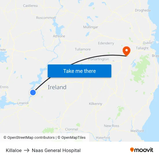 Killaloe to Naas General Hospital map