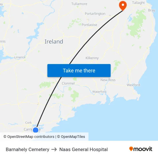 Barnahely Cemetery to Naas General Hospital map