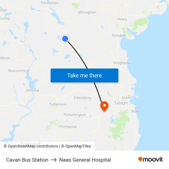 Cavan Bus Station to Naas General Hospital map