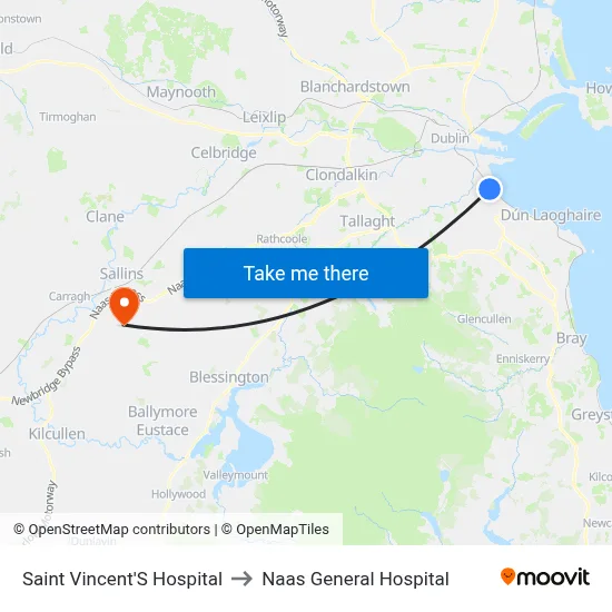 Saint Vincent'S Hospital to Naas General Hospital map