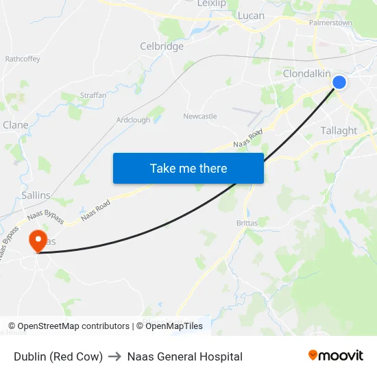 Dublin (Red Cow) to Naas General Hospital map
