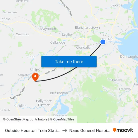 Outside Heuston Train Station to Naas General Hospital map