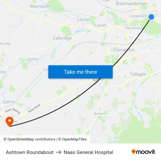 Ashtown Roundabout to Naas General Hospital map