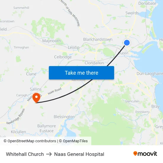 Whitehall Church to Naas General Hospital map