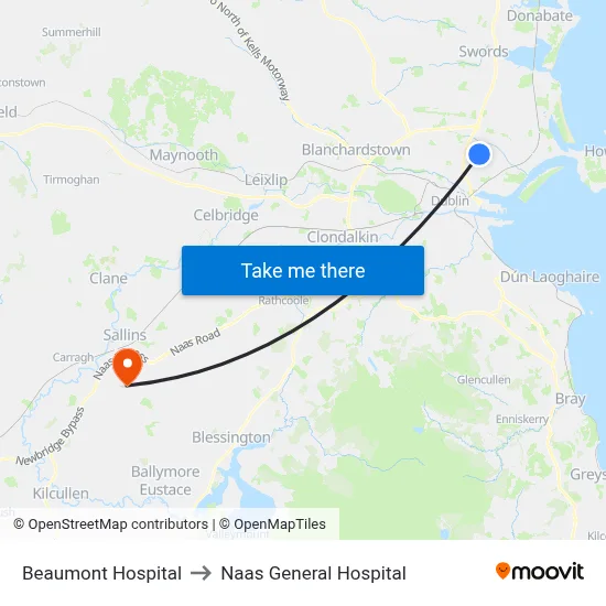 Beaumont Hospital to Naas General Hospital map