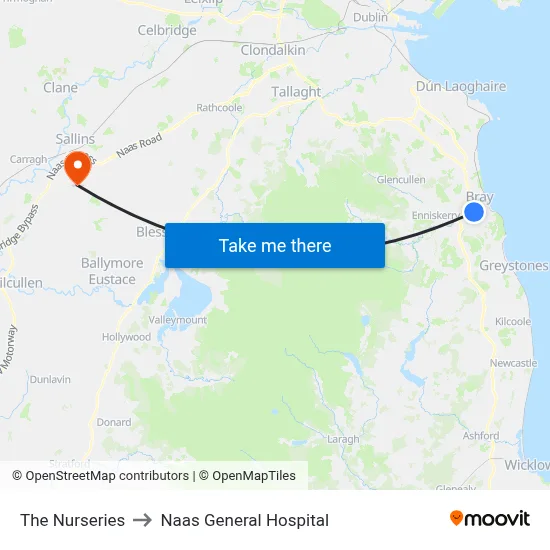 The Nurseries to Naas General Hospital map