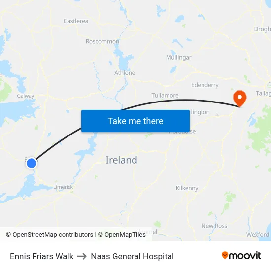 Ennis Friars Walk to Naas General Hospital map