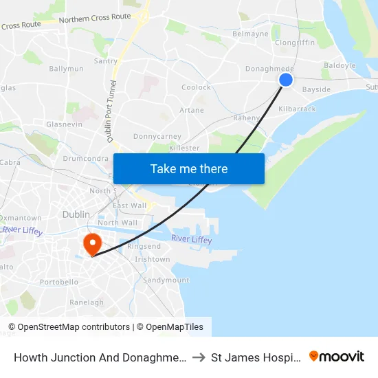 Howth Junction And Donaghmede to St James Hospital map