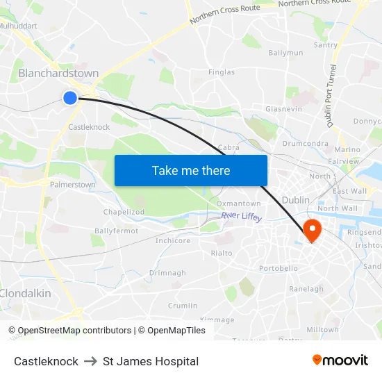 Castleknock to St James Hospital map