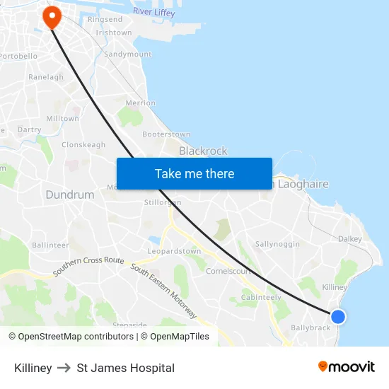 Killiney to St James Hospital map