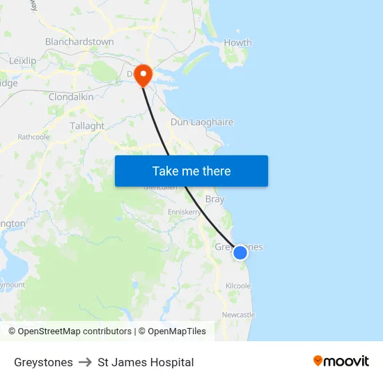 Greystones to St James Hospital map
