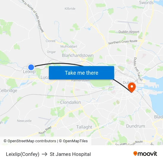 Leixlip(Confey) to St James Hospital map